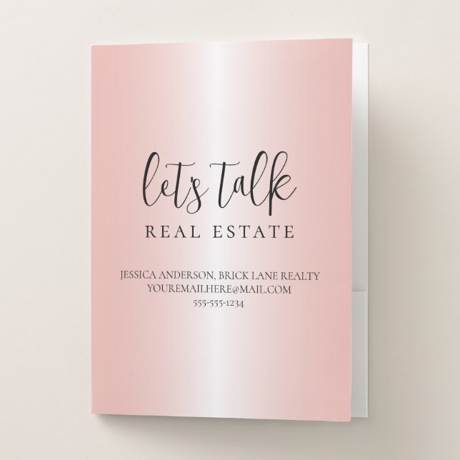 Pink Metallic Real Estate Business Contact Info  Pocket Folder (Front)