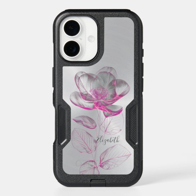 Pink Metallic Rose Silver Add Name  Otterbox iPhone Case (Back)