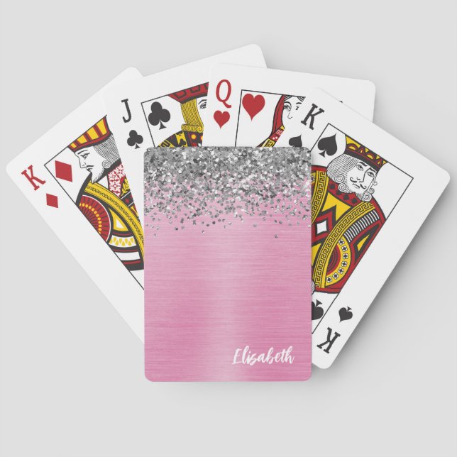 Pink Metallic Silver Glitter Girly Monogram Name Poker Cards (Back)