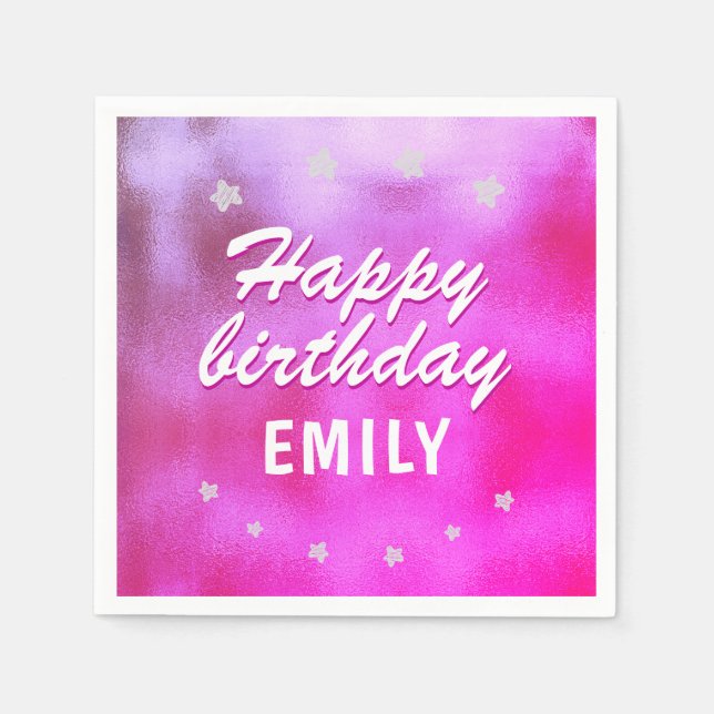 Pink Metallic Star Girly Happy Birthday Napkins (Front)