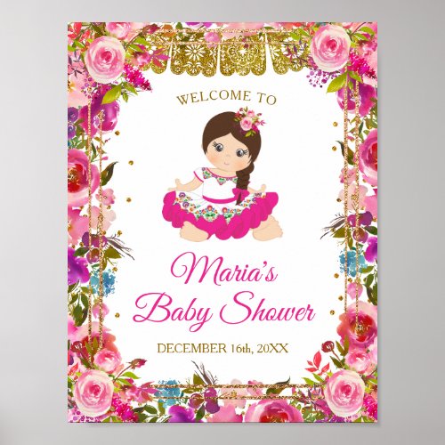 Pink Mexican Girl Fiesta Baby Shower Gold Glitter Poster