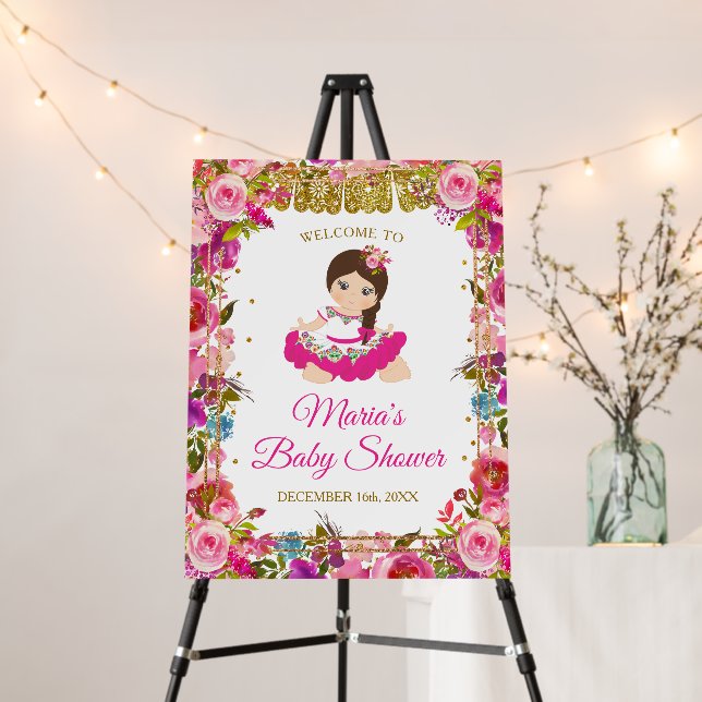 Pink Mexican Girl Fiesta Baby Shower Welcome Sign (In Situ (Stand))