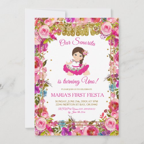 Pink Mexican Girl Fiesta Is Turning Uno Birthday Invitation