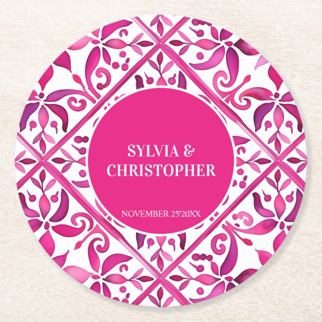 Pink Mexican talavera wedding favors printed Round Paper Coaster (Front)