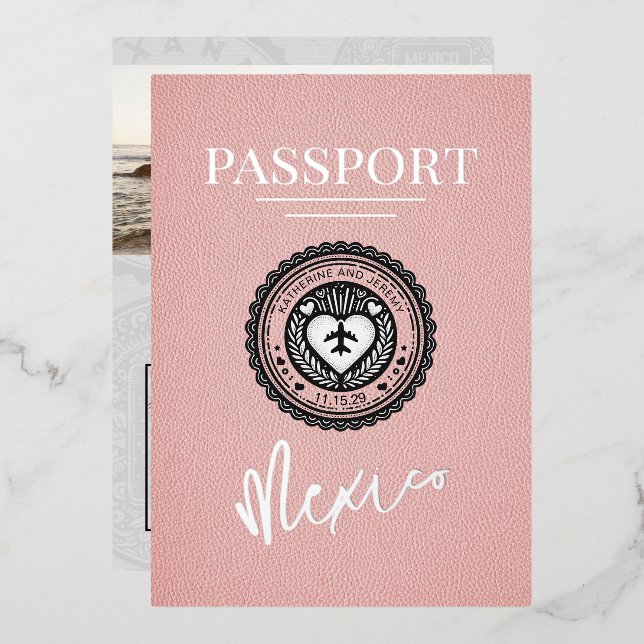 Pink Mexico Passport Wedding Foil Invitation (Front/Back)