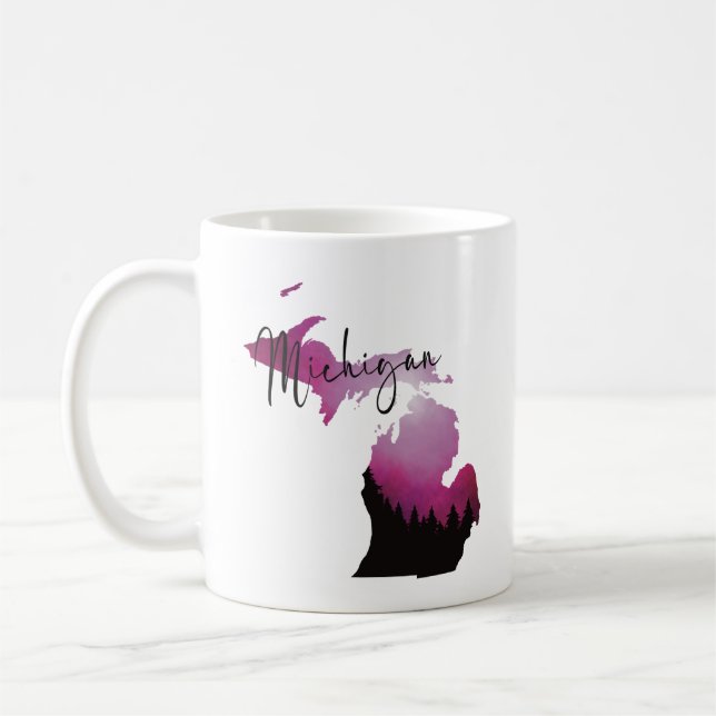 Pink Michigan State Map Pine Forest Camping Trip Coffee Mug (Left)