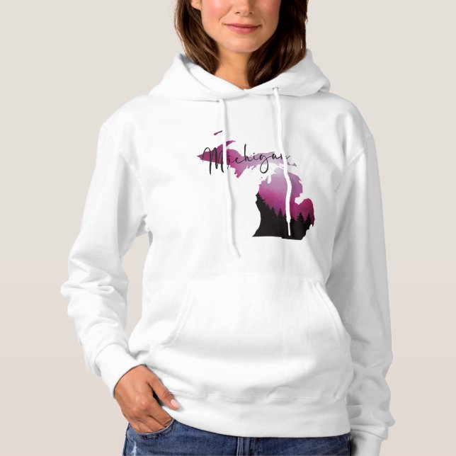 Pink Michigan State Map Pine Forest Camping Trip Hoodie (Front)