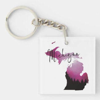 Pink Michigan State Map Pine Forest Camping Trip Keychain