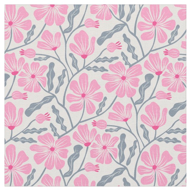 Pink Mid Century Modern Floral Pattern Fabric (Close Up)