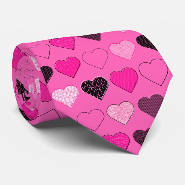 Pink Mid Century Modern Hearts Neck Tie (Rolled)