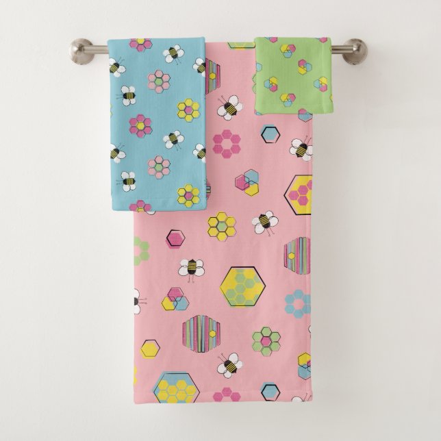 Pink Mid Century Retro Honey Bees Bath Towel Set (Insitu)