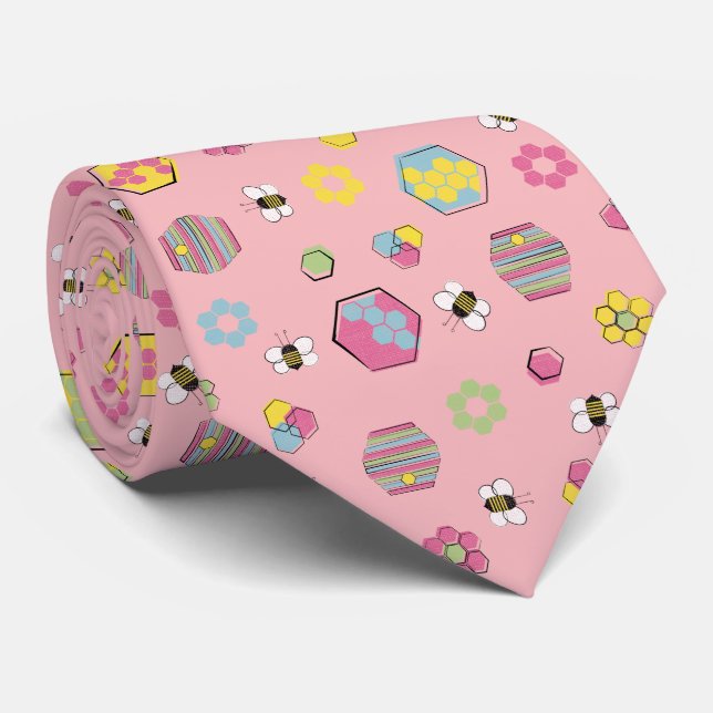 Pink Midcentury Retro Honey Bee Pattern Neck Tie (Rolled)