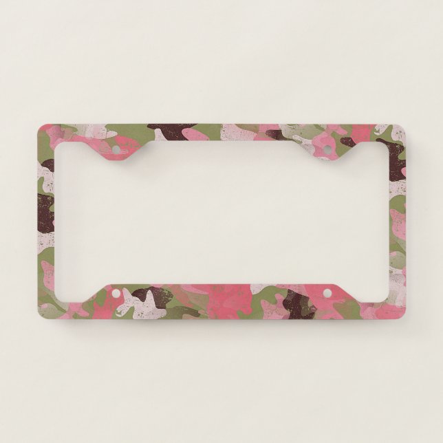 Pink Military Green Camouflage Pattern License Plate Frame (Front)