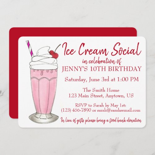 Pink Milkshake Ice Cream Social Birthday Party Invitation