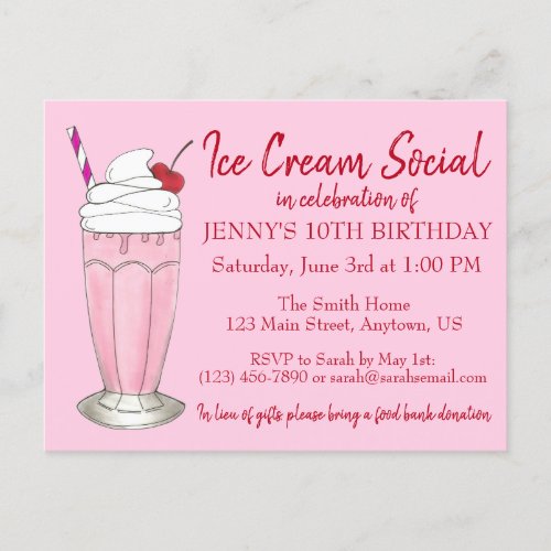 Pink Milkshake Ice Cream Social Birthday Party Invitation Postcard