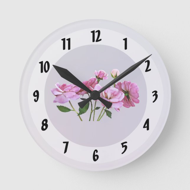 Pink Miniature Roses Round Clock (Front)