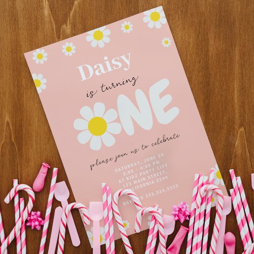 Pink Minimal Cute Daisy Script 1st Birthday Party Invitation