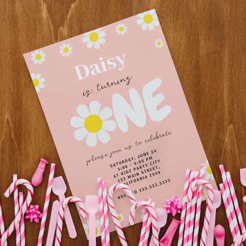 Pink Minimal Daisy Black Script 1st Birthday Party Invitation