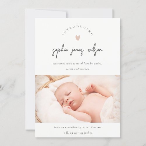 Pink Minimal Heart Script Photo Birth Announcement