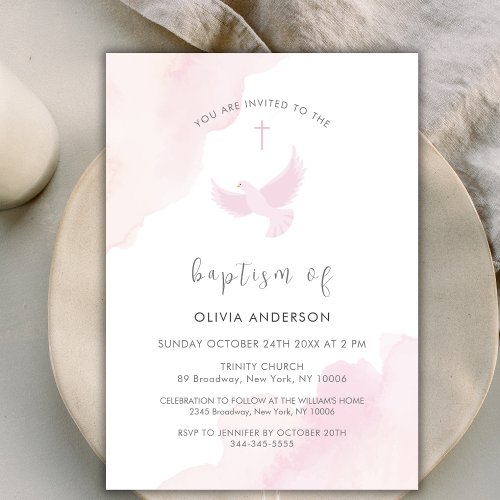 Pink Minimal Watercolor Dove Cross Girl Baptism Invitation
