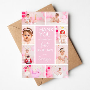 Pink Minimalist 1st Birthday Photo Thank You Card