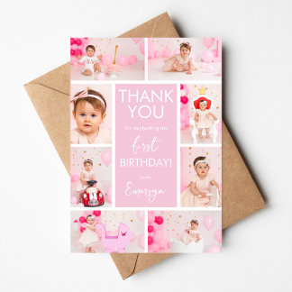 Pink Minimalist 1st Birthday Photo Thank You Card