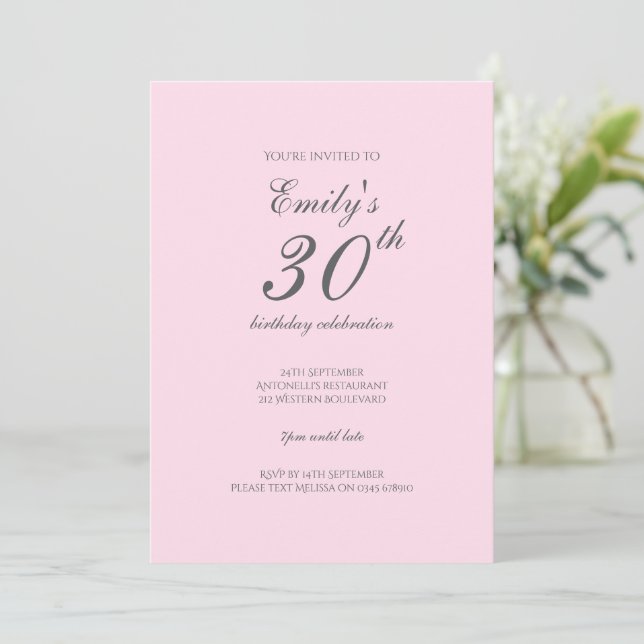Pink Minimalist 30th Birthday Party Invitation (Standing Front)