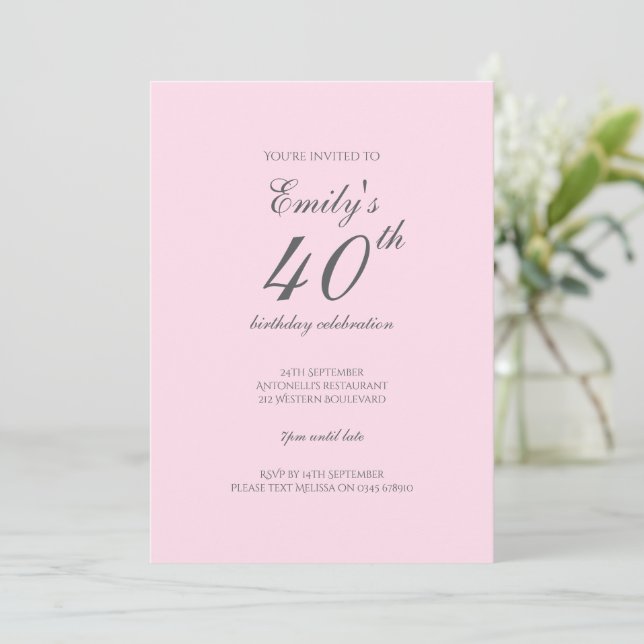 Pink Minimalist 40th Birthday Party Invitation (Standing Front)