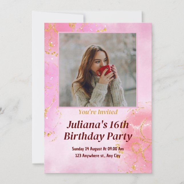 Pink Minimalist Birthday Party with photo Invitation (Front)