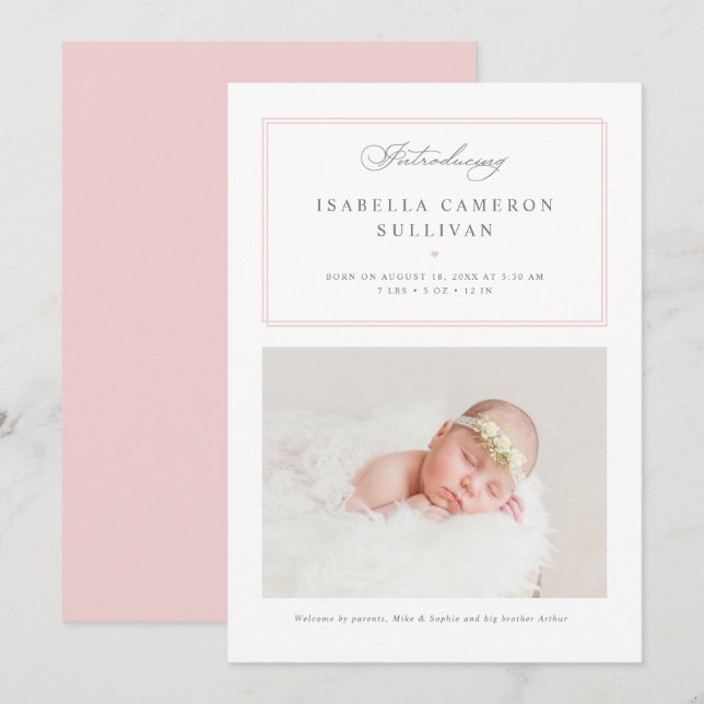 Pink Minimalist Borders Script Photo Baby Birth Announcement (Front/Back)