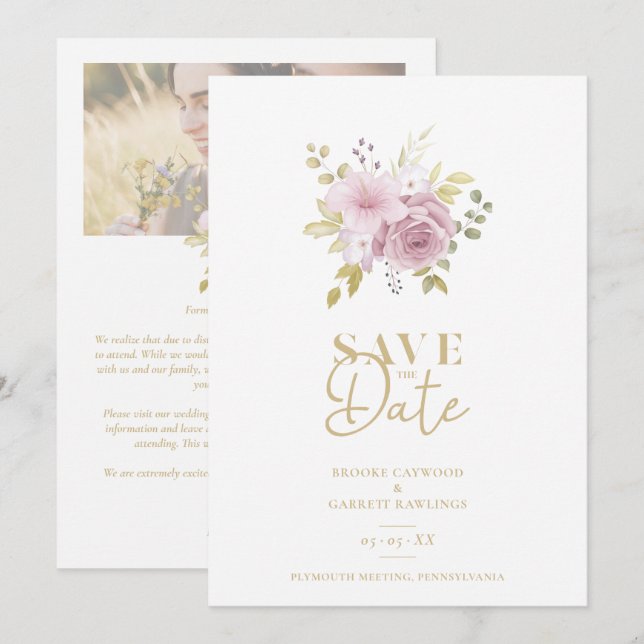 Pink Minimalist Botanical Flowers Bouquet Wedding  Save The Date (Front/Back)