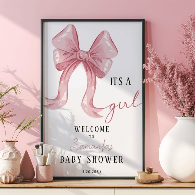 Pink Minimalist Elegant Bow Girl Baby Shower Poster (Creator Uploaded)