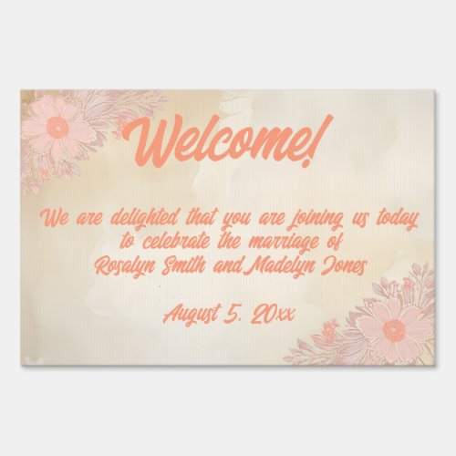 Pink Minimalist Floral Corners on Ink Wash Paper Sign