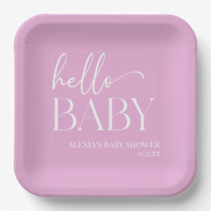 Pink Minimalist Hello Baby Baby Shower Paper Plates