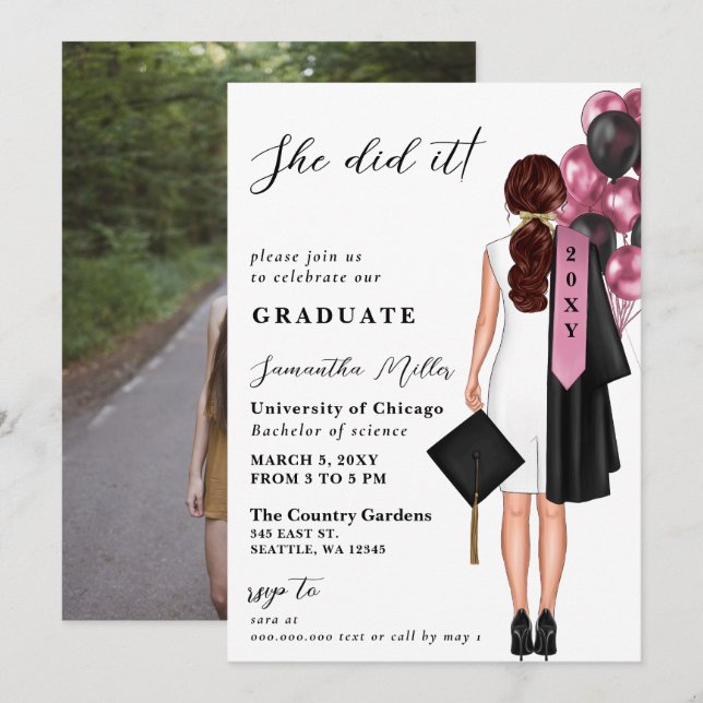 Pink Minimalist Photo She Did It Graduation  Invitation (Front/Back)