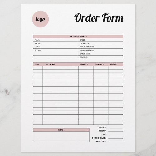 Pink Minimalist Product Order Form  Letterhead