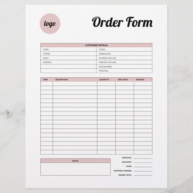 Pink Minimalist Product Order Form  Letterhead (Front)
