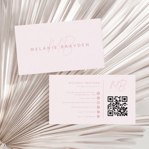 Pink Minimalist Professional Monogram QR Code Business Card