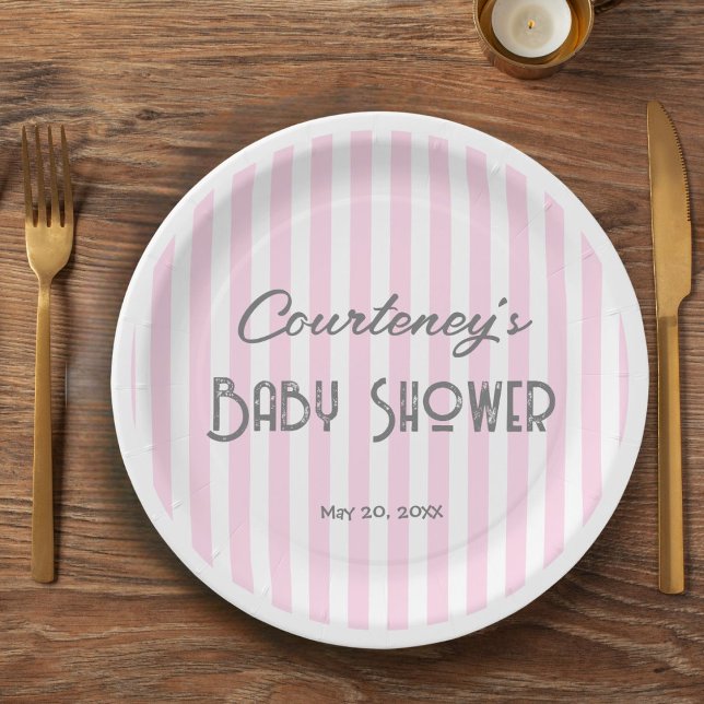 Pink minimalist striped Baby Shower Paper Plates (Creator Uploaded)