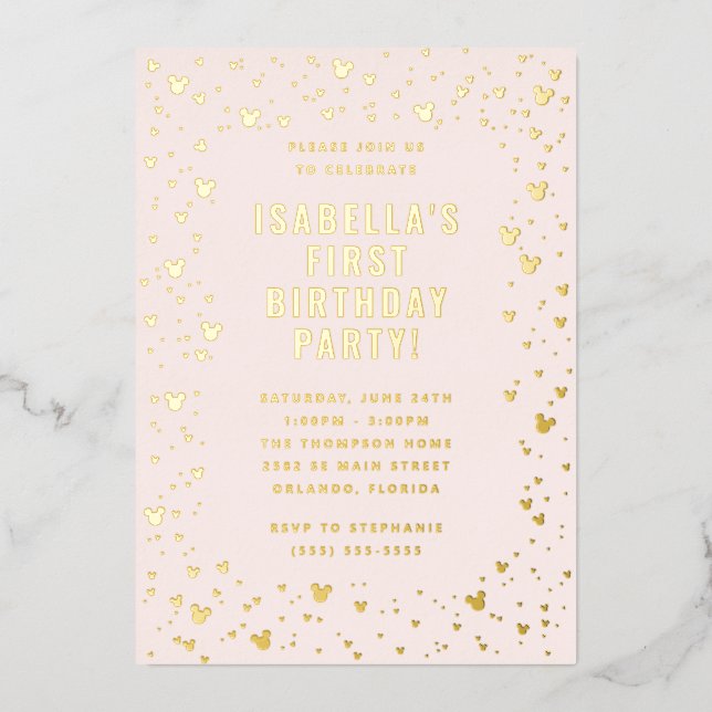 Pink Minnie Mouse Confetti Girl's First Birthday Foil Invitation (Front)