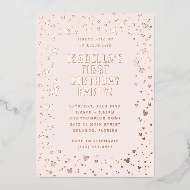 Pink Minnie Mouse Confetti Girl's First Birthday Foil Invitation (Front)