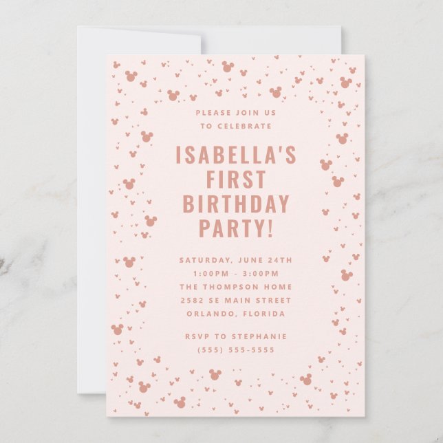 Pink Minnie Mouse Confetti Girl's First Birthday Invitation (Front)