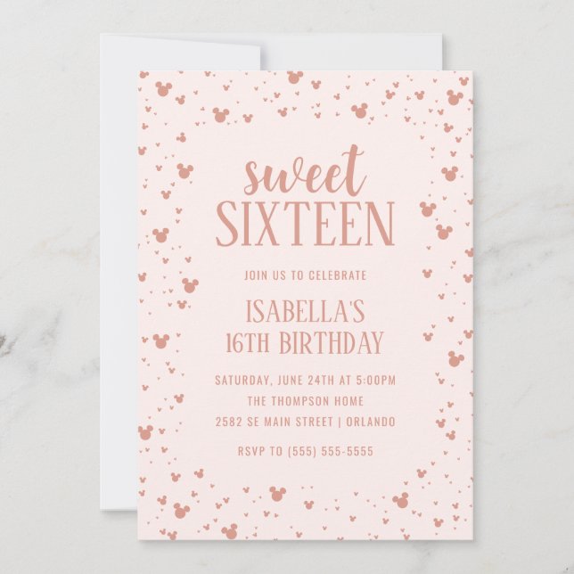 Pink Minnie Mouse Confetti Sweet Sixteen Birthday Invitation (Front)