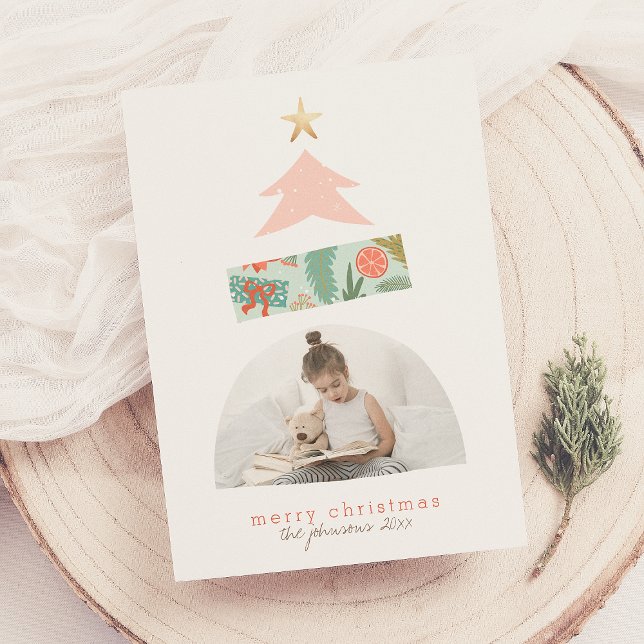 Pink & Mint Abstract Christmas Tree Arch Photo Holiday Card (Creator Uploaded)