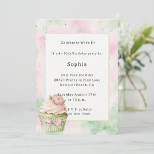 Pink Mint Abstract Flower Cupcake Birthday Invitation