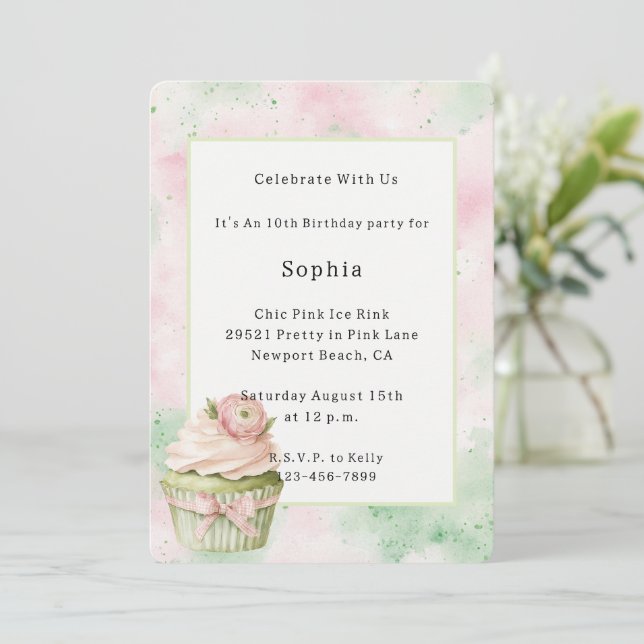 Pink Mint Abstract Flower Cupcake Birthday   Invitation (Standing Front)