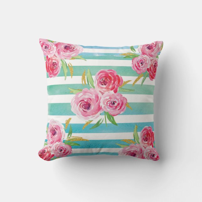 Pink, Mint and Gold floral Pillow. Throw Pillow (Front)