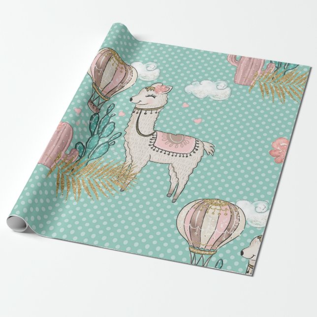 Pink, Mint and Gold Glitter Desert Steampunk Llama Wrapping Paper (Unrolled)