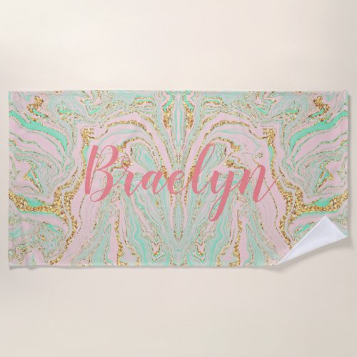 Pink Mint and Gold Marbling Beach Towel