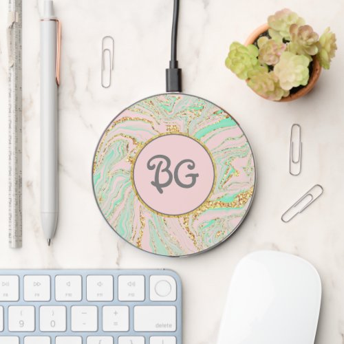 Pink Mint and Gold Marbling Monogram Initial Wireless Charger